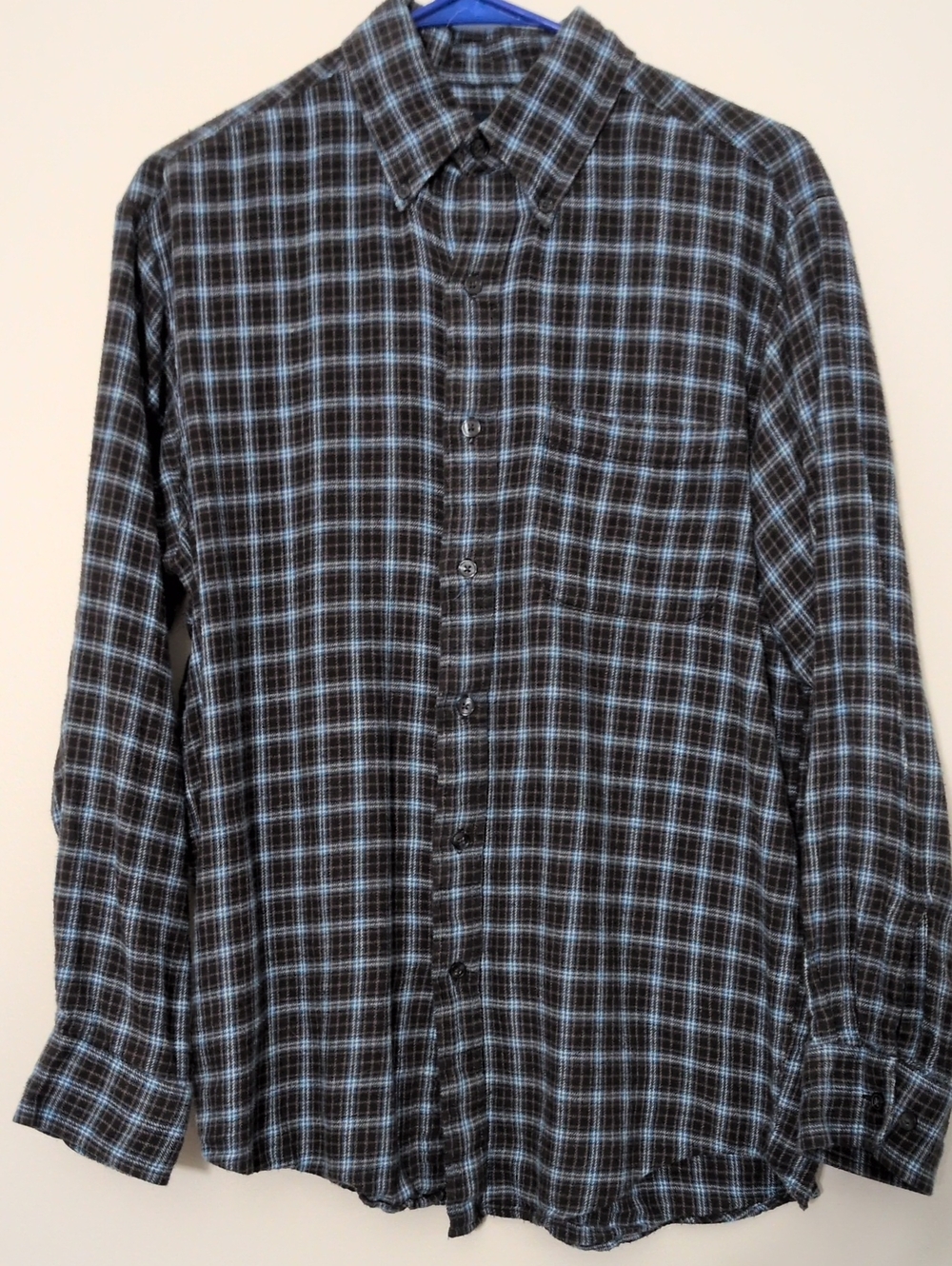 John Ashford Black And Light Blue Plaid Flannel Shirt 100% Cotton Size S GUC